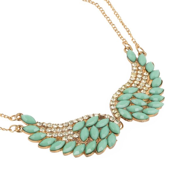 Angel Wing Statement Necklace Turquoise & Crystal Rhinestones on Gold Chain NWOT - Picture 6 of 10